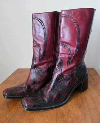 Franco Sarto Burgundy Snake Patt Western Style Mid Calf Boots Leather Womans 8.5 - Image 1 of 4