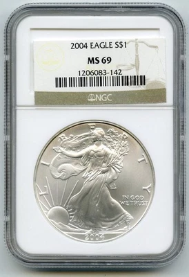 2004 American Eagle 1 Oncia Argento Dollaro NGC Ms 69 Certificato Lingotto - - Immagine 1 di 2