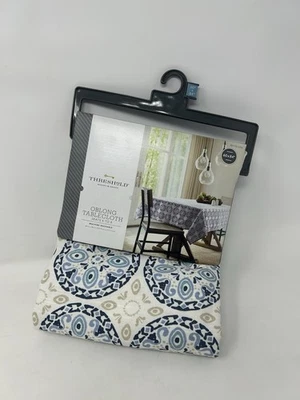 Threshold blue beige geometric cotton round tablecloth 60x84 dining kitchen NWT - Image 1 of 4