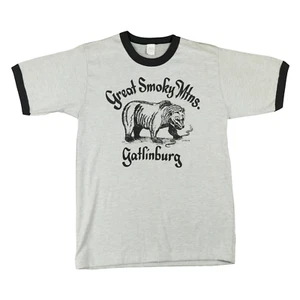 Vintage Ringer T Shirt 80s Large Medium Smoky Mountains Gatlinburg Bear Snake - Picture 1 of 15