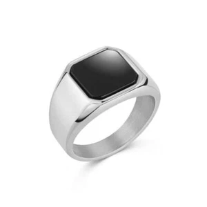 Herren Ring Silber Onyx schwarz Edelstahl 18 Karat Weißgold vergoldet R6216DL - Picture 1 of 3