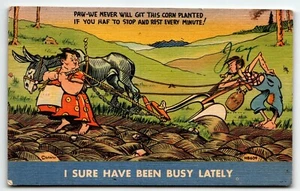 Humor Linen Postcard "I Sure Have Been Busy Lately" couple planting corn - Picture 1 of 2