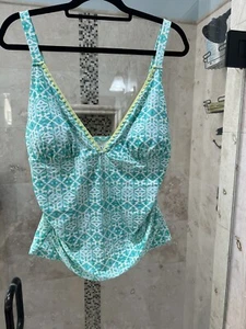 Talbots Cabana Life Tankini Top Ruched Green White Adjustable Straps Bra Soft L - Picture 1 of 8