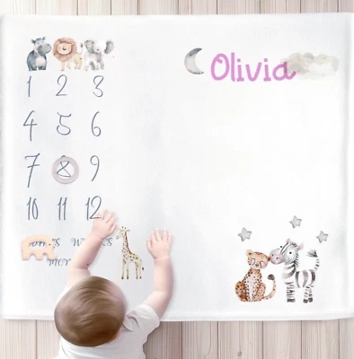 Personalised  jungle design baby  milestone blanket , unique photography mat - Image 1 of 2