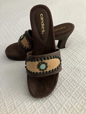 Y2K Candie’s Leather Shoe 7M Clog Slide Wood Chunky Block Heels  Studs Turq Vtg - Image 1 of 4