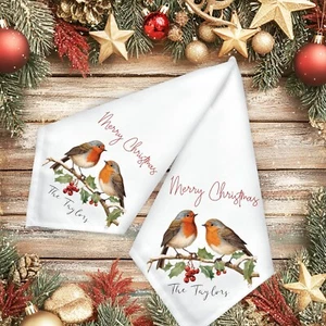 Personalised Robin print  Christmas napkin, table wear, dinner fabric napkin, - Picture 1 of 3