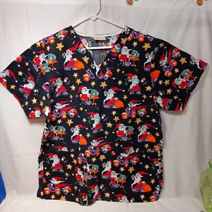 Christmas Santa Claus V- Neck Scrub Top Womens Medium - Picture 1 of 6