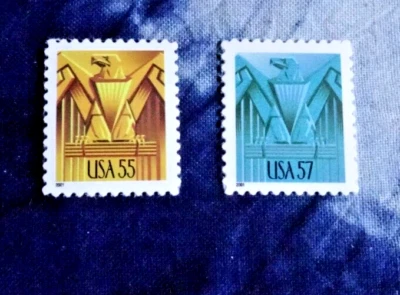 US 3471 AND 3471a ART-DECO EAGLE 55c & 57c STAMPS (2) PANE "SINGLES" MNH/SA!! - Image 1 of 2