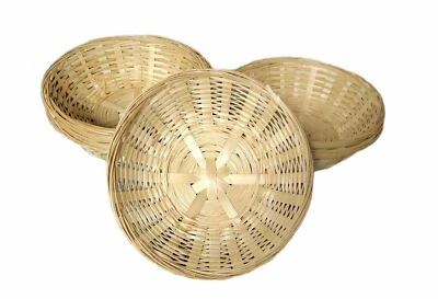 6 Vintage Bread Baskets Small Round Woven Wicker Bamboo Hamper Basket Snack Bowl - Image 1 of 4