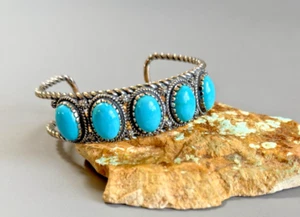 CAROLYN POLLACK American West Sterling 5-Stone Kingman TURQUOISE WIDE Cuff L - Picture 1 of 16