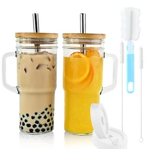 24oz Glass Cups with Bamboo Lids Straws for Smoothies Iced Coffee 2 Pack - Picture 1 of 6