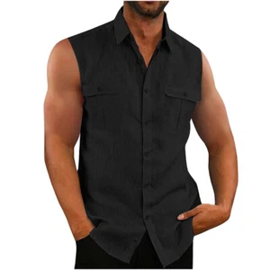Mens Solid Sleeveless Button Down Shirt With Chest Pockets Breathable Tank Top+ - Picture 1 of 20
