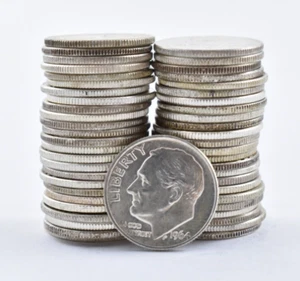 1950's - 1964 BU 90% Silver Roosevelt Dimes Roll 50 Coin Lot Collection - Picture 1 of 7