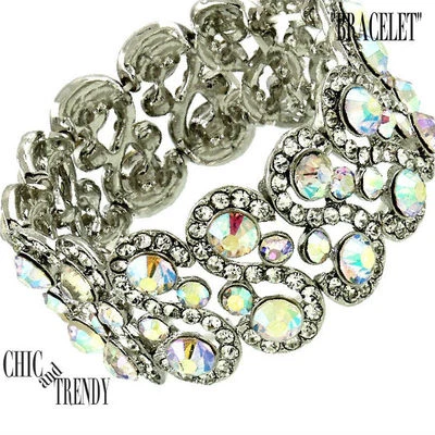 AURORA BOREALIS GLASS CRYSTAL CHUNKY BRACELET PROM FORMAL BRIDAL JEWELRY - Image 1 of 3