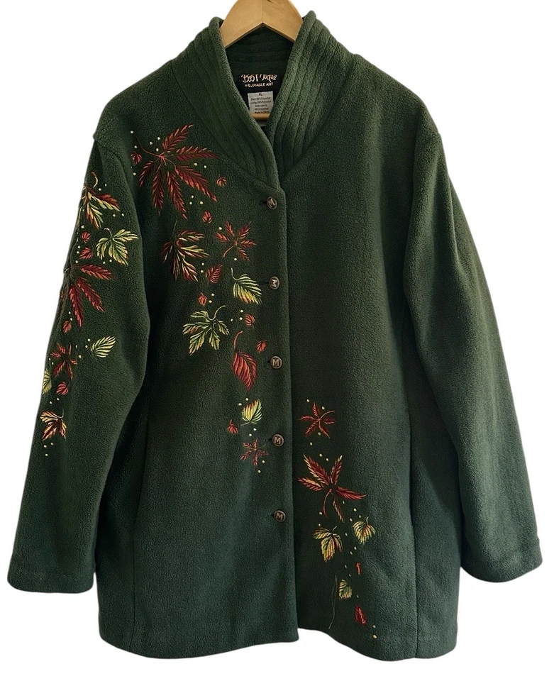 Bob Mackie XL Verde Otoño Hoja Bordada Botones Usable Arte Polar Chaqueta Foto 1 de 4