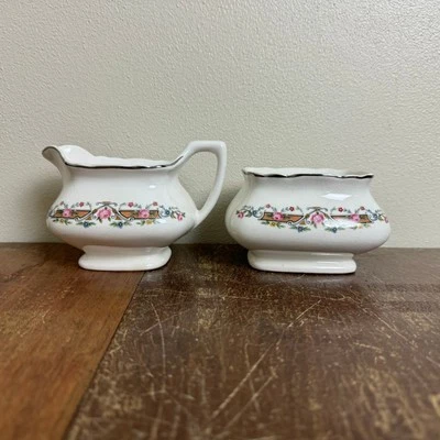 1930s WS George LIDO White Creamer & Sugar Bowl Pink Roses Silver Platinum Trim - Изображение 1 из 4