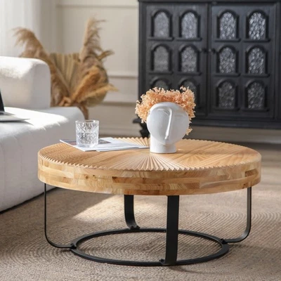 Modern Round Coffee Table Wooden Carving Pattern Coffee Table w/Metal Legs for L - Image 1 of 4
