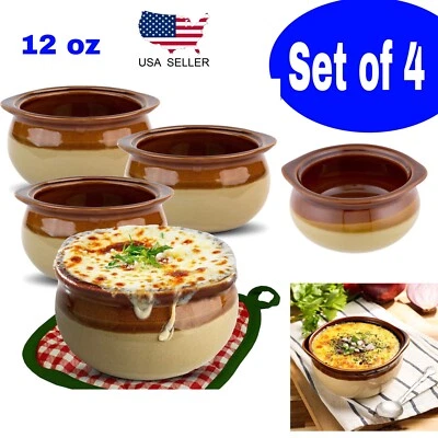 Set of 4 French Onion Soup Crocks 12 oz Brown & Ivory Ceramic Porcelain Bowls