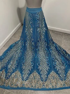 Turquoise Gold 4way stretch sequin Lace fabric 50” Width Sold By The Yard - Picture 1 of 5