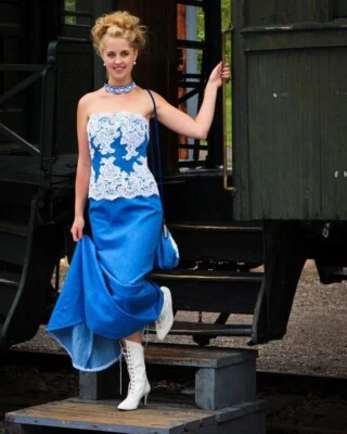 Western Wedding Blue Denim and White Lace Corset and Train Skirt , Size 16 - Image 1 of 4