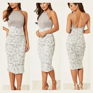 SILK FRED GIRL IN MIND Tammy Lace Midi Dress Grey White Lace Size 12 - Picture 1 of 4