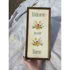 Vtg cross-stitch framed picture 15” welcome floral flower 60s  cross stitch