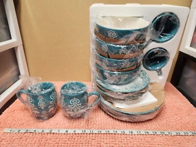 Cooks Essentials "Madison" 16 Pc Ceramic Dinnerware Set Aqua Blue Turquoise NEW - Image 1 of 4