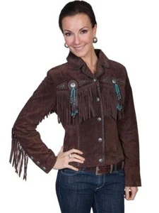 Dunkelbraune Damen Wildleder Lederjacke im Western Style mit Fransen - Kontrastperlen - Bild 1 von 4