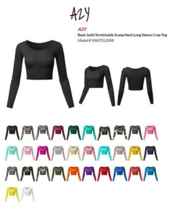 Women's Basic Solid Stretchable Scoop Neck Long Sleeve Crop Top - Picture 1 of 49