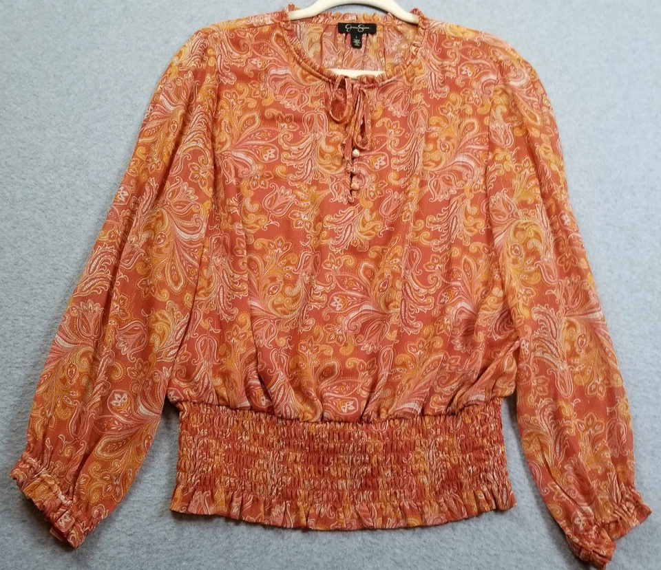 Blusa Jessica Simpson Top Mujer Grande Naranja Cachemira Manga Larga Metálica Transparente Foto 1 de 4