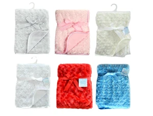 Baby Blanket Rosebud Wrap Fleece Satin Trim Cot Pram Gift 7 Colours ~ Soft Touch - Picture 1 of 22