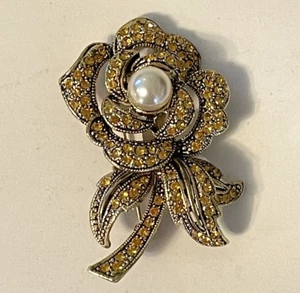 Vintage Yellow Rhinestone Faux Pearl Rose Pin Brooch 2" Taiwan - Picture 1 of 4
