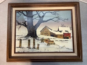 Vtg H. Hargrove Painting~Winter Scene Farm Barn 12” X 16” Canvas - Wood Frame - Picture 1 of 8