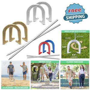 Horseshoe Set Steel Regulation Size 4 Horseshoes 2 Stakes Outdoor Fun - Picture 1 of 8