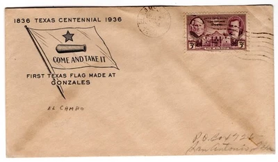 #776 Texas Centennial 1936 FDC  Planty #42 Pabst 1st Cachet U/O El Campo TX CCL - Image 1 of 2