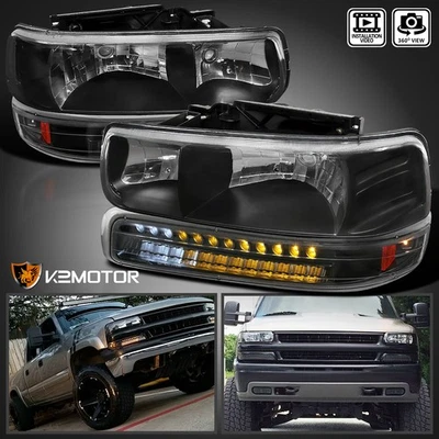 Fits 1999-2002 Chevy Silverado 00-06 Suburban Black Headlights+LED Bumper Lamps - Image 1 of 4