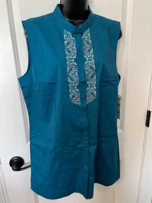 НОВЫЙ С ЯРЛЫКАМИ DANA BUCHMAN L TURQ СИНИЙ БЛУЗКА ТУНИКА БИСЕРОМ ДЛИННЫЙ СЛОЙ РУБАШКА НА ПУГОВИЦАХ - Изображение 1 из 4