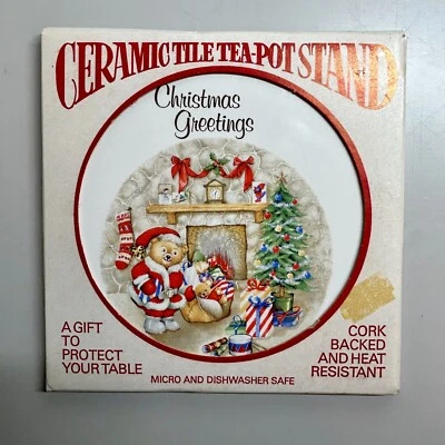Vintage Christmas Ceramic Tile Tea Pot Stand Santa Bear Fireplace Original Box - Image 1 of 4