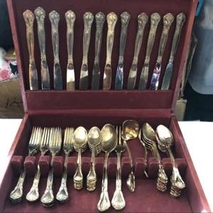 Juego de cubiertos Godinger barrocos vintage caja completa de 50 piezas estuche de madera chapado en oro - Imagen 1 de 5