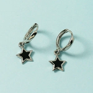 925 Sterling Silver Black Resin Star Dangle/Drop Hoop Huggie Earrings Gift - Picture 1 of 8