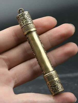 Colgante Botella Tabaco Garrote Dorado 3.5" Budismo Chino Bronce Om Mani Padme Hum Foto 1 de 4