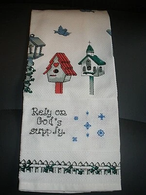 成品十字绣厨房毛巾鸟屋依靠上帝的供应 — 第 1/2 张图片