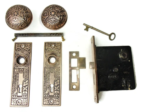 Antique Set EASTLAKE VICTORIAN AESTHETIC Backplates Door Knob Mortise Lock w Key Cover