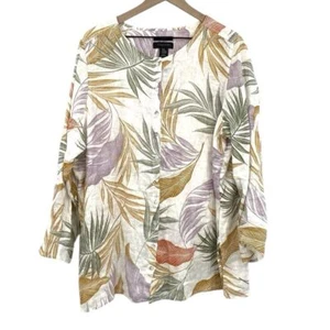Tahari Tunika Top Damen 2X Weiß Tropical Print 100% Leinen Knopfleiste Kragenlos - Bild 1 von 11
