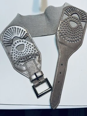 Betsey Johnson Wide Stretch Waist Cincher Belt Vegan Leather Beige S / M Taupe - Image 1 of 3