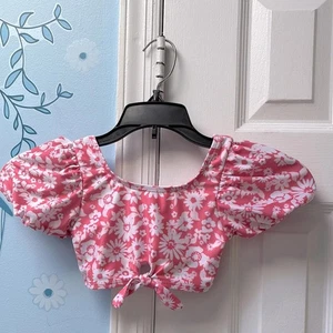 Wonder Nation Floral Pink White Girls Puff Sleeve Hibiscus Top Size XS (4-5)  ! - Picture 1 of 7