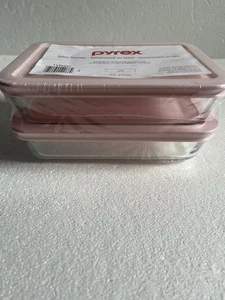 Pyrex (2) 7210 3-cup Clear Glass Dishes & (2) 7210-PC Loring Pink Plastic Lids - Picture 1 of 6