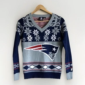 New England Patriots NFL Ugly Christmas Snowflakes V-Neck Sweater Women's SMALL - Picture 1 of 6