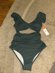 NWT green cut out one piece ruffle bathing suit sz M by Charmo UPF 50+ - Picture 1 of 4