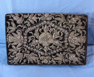 Bolso sin asas de terciopelo negro persa vintage Zari Zardozi bordado alambre dorado y plateado descolorido Foto 1 de 4
